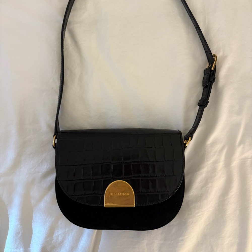 Nili Lotan Black Croc-Embossed Shoulder Bag